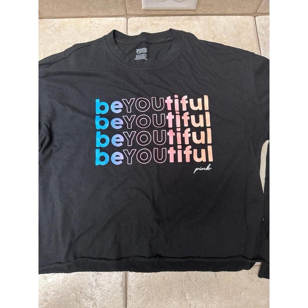 Victoria's Secret Pink "BeYoutiful" Crop Tee shirt Top, Black, Size XS